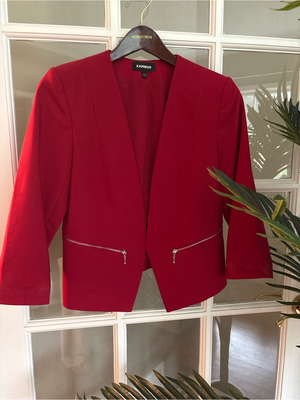 Express Red Open-Front Zip-Pocket Blazer Jacket